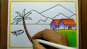 How to draw Village Scenery drawing| Pond,tree, House,Sun rise scenery drawing