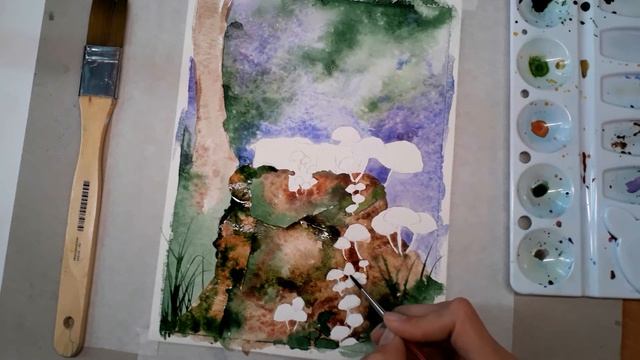 Рисуем акварелью пенёк с грибами, сказочный пейзаж. смотреть онлайн