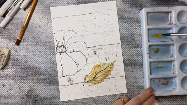 Осенний листопад и тыква. Рисую тыкву и листья акварелью. Скетчинг для начинающих. смотреть онлайн