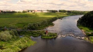 Товарковские мосты через реку Угра (висячий и каменный). Съемка с высоты. Поля и природа 2019 г.