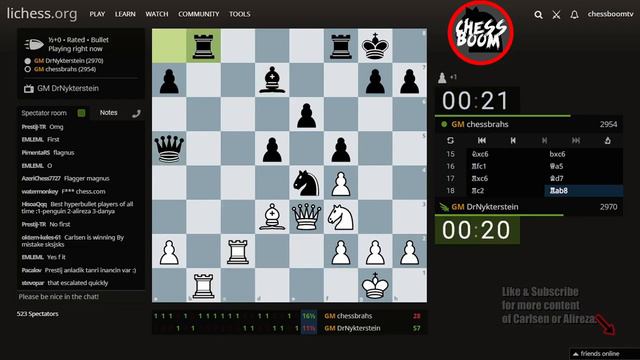 Magnus Carlsen DrNykterstein vs GM Eric Hansen chessbrah   bullet  hyperbullet