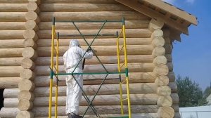 Пескоструйная обработка сруба из оцилиндрованного бревна