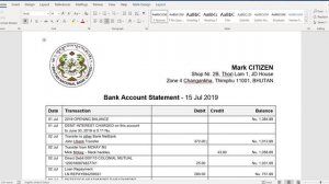 Bhutan National Bank proof of address statement template in Word and PDF format