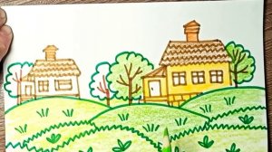 Два домика на лугу - стилизованный рисунок фломастерами и карандашами