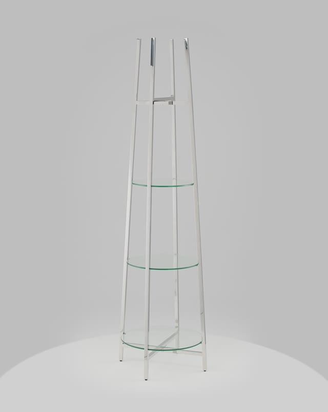 Стеллаж Ланс. Современный стеллаж с металлическим каркасом и стеклянными полочками