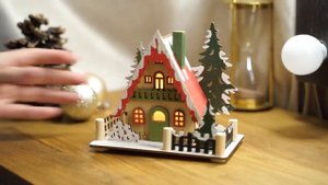 Новогодний декор с подсветкой, фигурка новогодняя с подсветкой деревянный "Домик с ёлками", 15х9х13