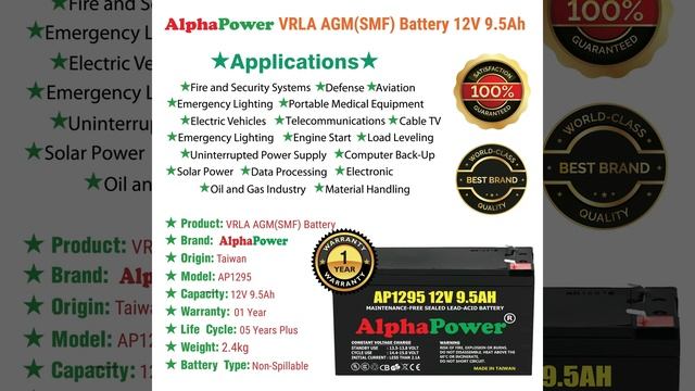 AlphaPower VRLA AGMSMF Battery 12V 9 5Ah смотреть онлайн