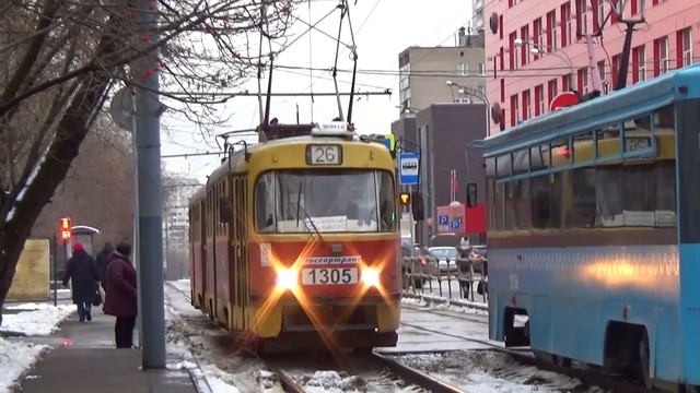 Сдвоенный трамвай Tatra-t3 (МТТЕ) (СМЕ) №1305 + №1307 в жёлто-красной окраске! смотреть онлайн