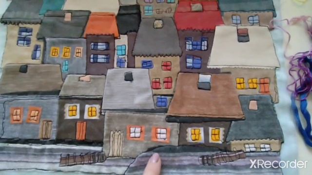 (1) Дома из мелких лоскутов мебельной ткани/текстильная пицца с вышивкой/стёжка (схс)+  пицца + бор