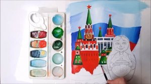 КАК НАРИСОВАТЬ РИСУНОК НА ДЕНЬ РОССИИ. РИСУЕМ ФЛАГ, КРЕМЛЬ И МАТРЕШКУ! ПРОСТОЕ ПОЭТАПНОЕ РИСОВАНИЕ.