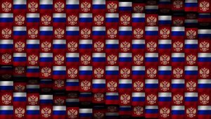 Массив из ячеек с флагом и гербом России. Цикличная 3d анимация в 4K.