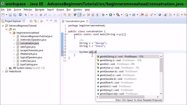 Concatenation in Java 018 | How to write Java code with eclipse IDE for complete novice смотреть онлайн