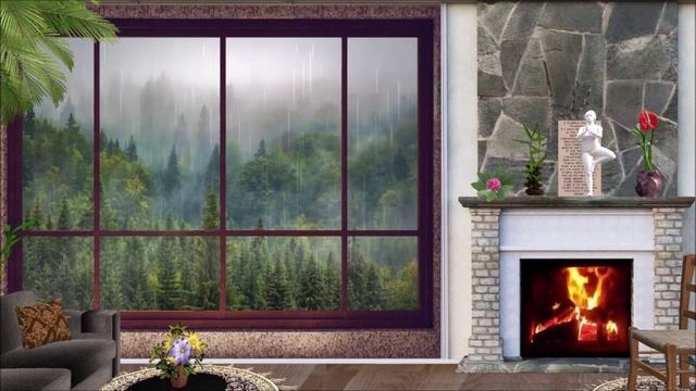 ☔️ Дождь и гроза за окном уютной спальни и теплый камин для сна ?| Шум дождя и грома для сна