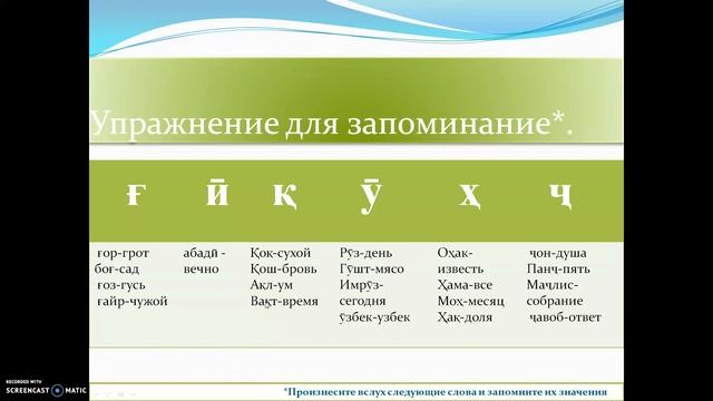 Таджикский алфавит и произношение букв  ғ, ӣ, қ, ӯ, ҳ, ҷ.