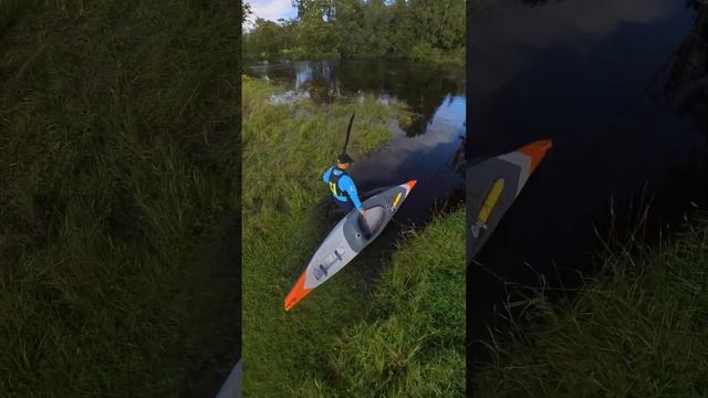 Walk into river with Kayak Itiwit x500. Kayaking in flooded river. Paddle Paddling Kayaker Strenfit