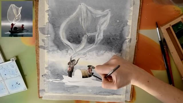Рыбаки.Картина акварелью.