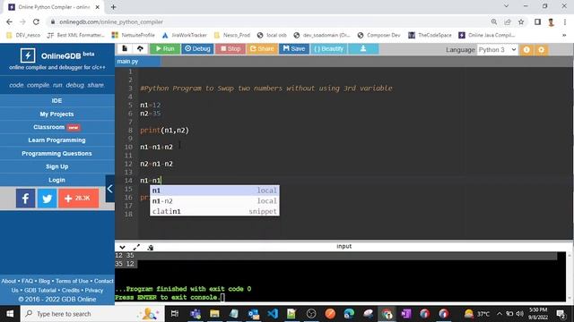 Swap Two numbers without using Third variable | Python