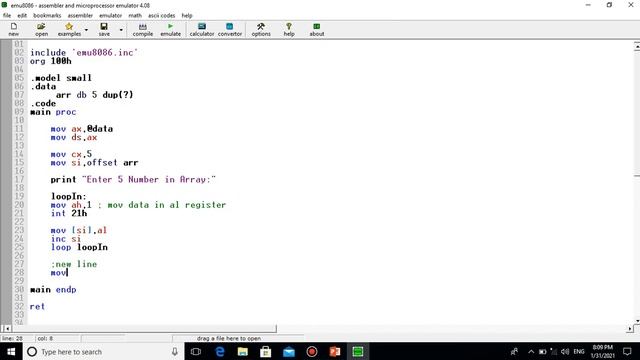 How to Take Input in Array and Display on Screen in Assembly Language emu8086 | Input in Array -35