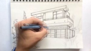 Эскиз дома в стиле модерн. Architectural sketch