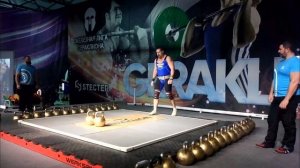 Курбатский. "Выбрасывание с вылетом" гирь по 52 кг. Kurbatsky. Double 52kg kettlebells 2-hand snatc