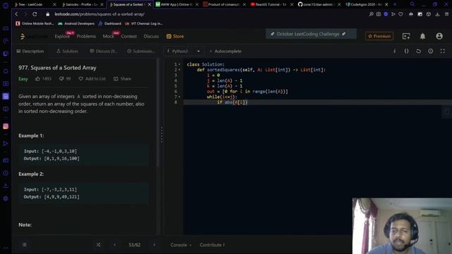[Python] LeetCode 977 - Squares Of Sorted Array - In O(N) Time And O (N) Space Complexity