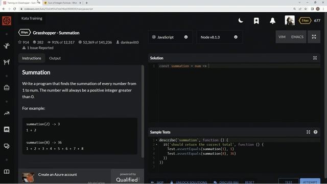 Codewars 8 kyu Grasshopper - Summation Javascript