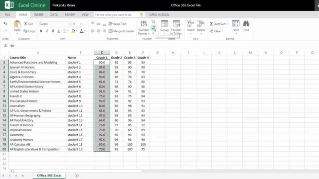 Office 365 Excel Formatting Cells