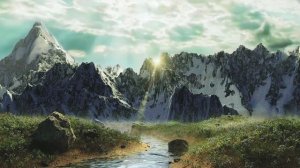 Речка, горы, облака.