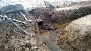 Вода идет через дренажную канаву соседей. Их участок ниже.