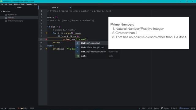 Basic Concept of Prime Number in Python ( Code ) | Hindi/English/Tutorial | Visionary Script