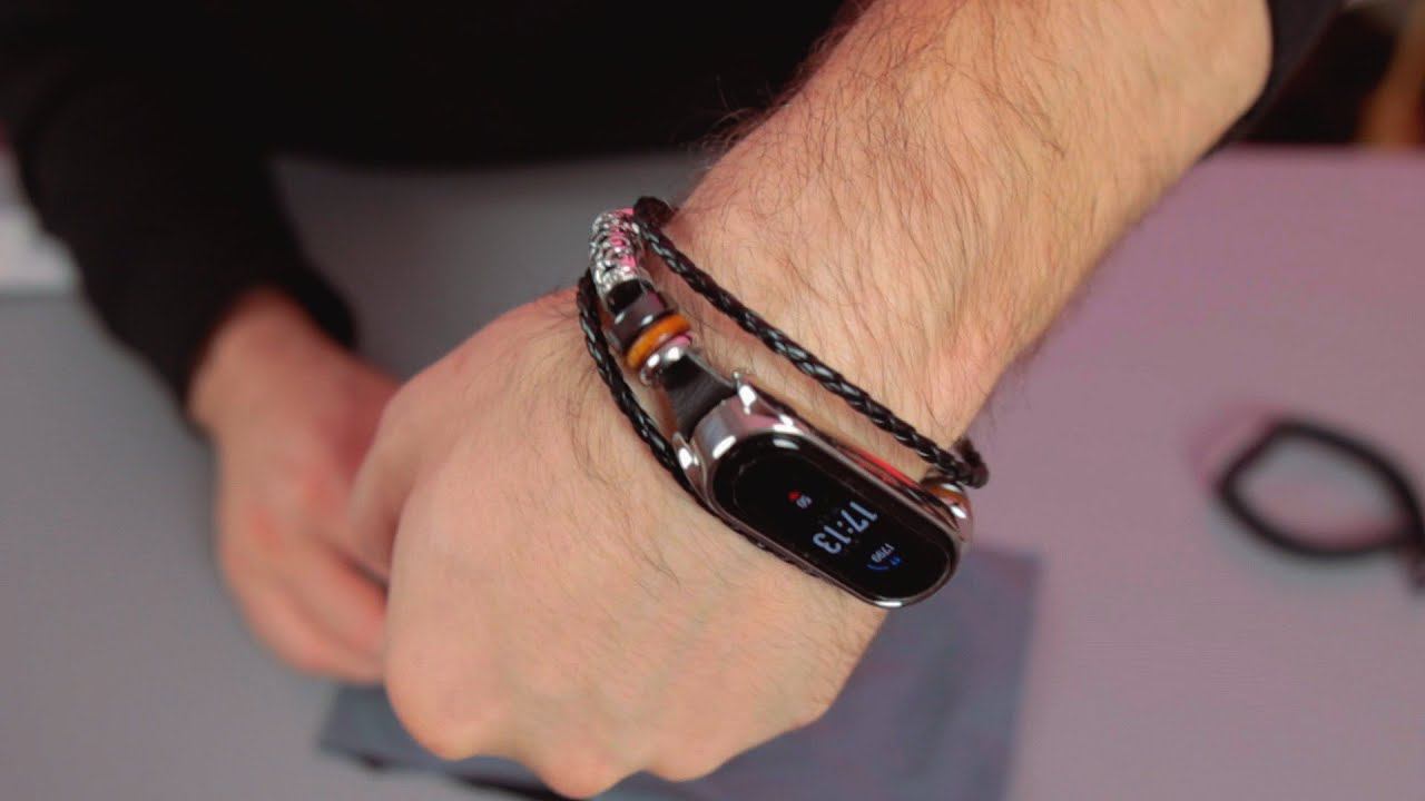 Кожаный браслет, ремешок для MI Band 5. Браслет с бусинами для ми бенд