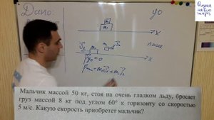 Мальчик массой 50 кг, стоя на очень гладком льду, бросает груз массой 8 кг