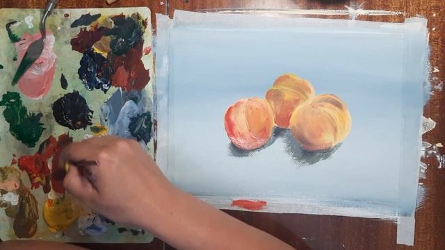 Как нарисовать персики. Нарисуем натюрморт гуашью. Рисуем фрукты красками. Картина для начинающих. смотреть онлайн
