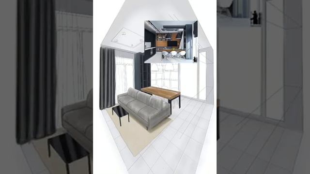 Процесс рисования интерьера кухни-гостиной
