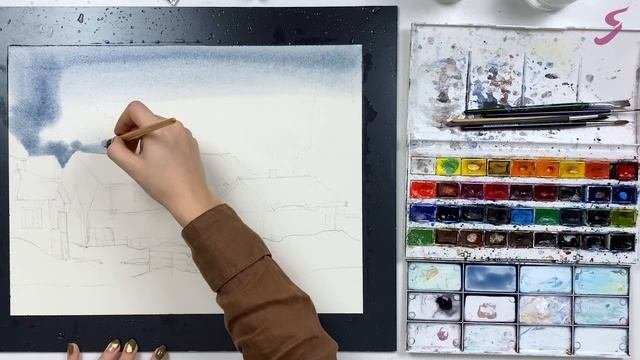 Рисунок. Акварель. Архитектура. Пасмурный день-1