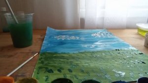 рисуем ватными палочками пейзаж подсолнухи