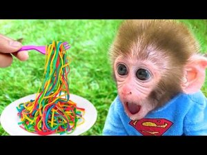 обезьянка ест лапшу