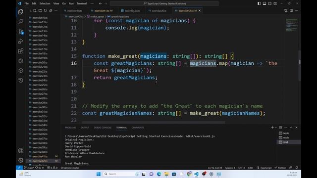 TypeScript Basic Exercises 42 - Great Magicians: Use of For Of Loop and .map function In TypeScript
