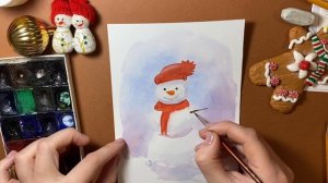 Идея новогодней открытки со снеговиком 2023. Рисуем поэтапно акварелью