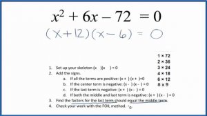 How to Solve x^2 + 6x - 72 = 0 by Factoring