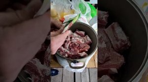 ?Мясо с овощами в пиве?в казане на костре?