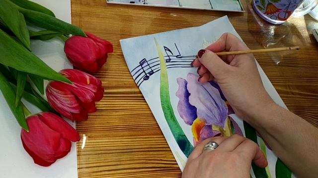 3 часть мастер-класса "Ирис и ласточки", открытка-иллюстрация к 8 Марта. смотреть онлайн