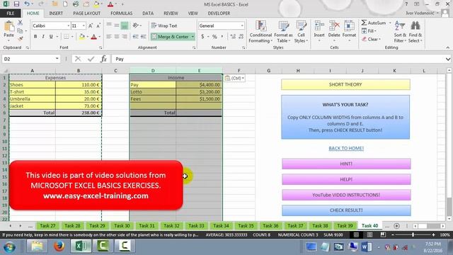 Task 40 - How to copy only column width in Excel - EXERCISES FOR BEGINNERS смотреть онлайн