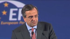 Greece's PM Antonis Samaras delivers his speech to the EPP Congress in Bucharest