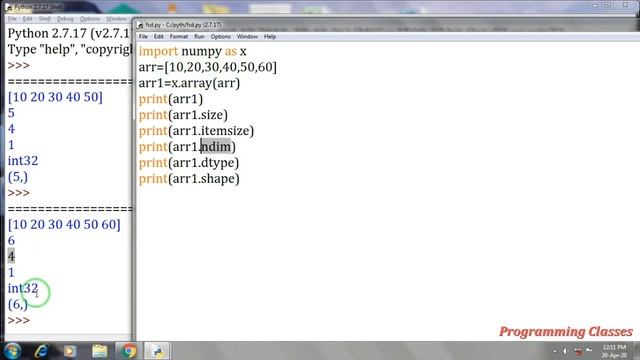 what are numpy properties | dtype in numpy | shape in numpy | size in numpy | itemsize | numpy