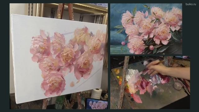Пионы в саду. Индивидуальный урок на двух холстах. Oil painting. Как написать пионы. смотреть онлайн