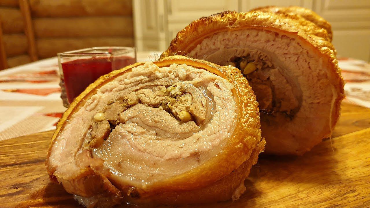 Рулет из свиной брюшины. Итальянская Поркетта. Клюквенный соус. Italian Porchetta. 4К.