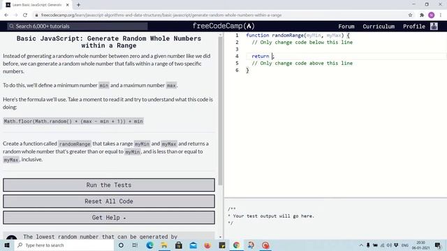 Lesson 105 - generating random whole number in range - freecodecamp