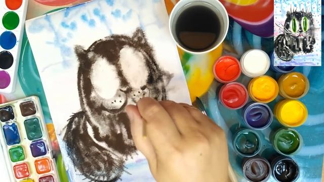 Как нарисовать Котика зимой акварельными и гуашевыми красками
