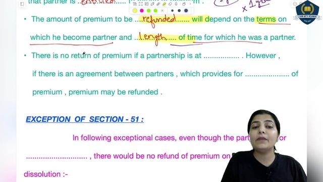 ?️Return of Premium on premature Dissolution :Sec.- 51 | IPA , 1932 | Judicial preparation | CLAT |